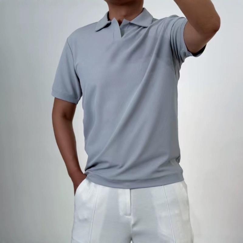 ポロシャツ メンズ キューバシャツ風 接触冷感 伸縮性 ポリエステル混紡 薄手 無地 刺繍 半袖 トップス 普段使い 部屋着 カジュアル 春夏 ブラック系