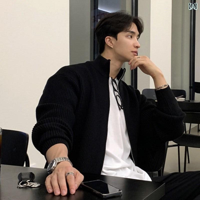 カーディガン メンズ ニット ニットカーディガン トップス 長袖 春秋 スタンドカラー ゆるめ ゆったりめ カジュアル 韓国 黒 ブラック グレー 緑 グリーン