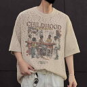 Tシャツ メンズ 半袖 ポリエステル プリント ラウンドネック プルオーバー トップス カットソー 薄手 接触冷感 通気性 カーキ