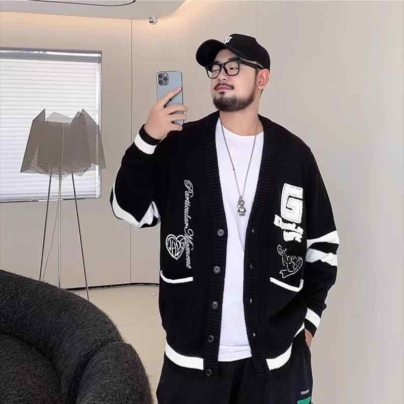 ニットカーディガン 男性用 大きいサイズ Vネック ジャカード織 ポリエステル混紡 ゆったり 羽織り 秋冬 ブラック