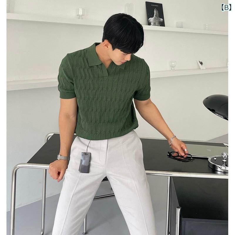 ポロシャツ メンズ 半袖 ニット 接触冷感 トップス 夏 襟付き スリム 無地 ポリエステル ホワイト グリーン ブラック