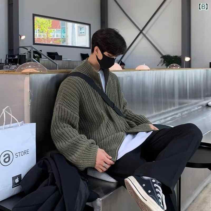 ニットカーディガン メンズ 韓国 半高襟 ダブルジップ 伸縮性 街着 リブ裾 普段使い ブラック グリーン