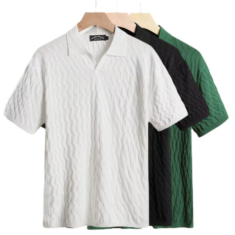 ニット メンズ ポロシャツ 半袖 Vネック ケーブル編み 襟付き Tシャツ ビジネス カジュアル ゆったり 伸縮性 ポリエステル ブラック ホワイト グリーン