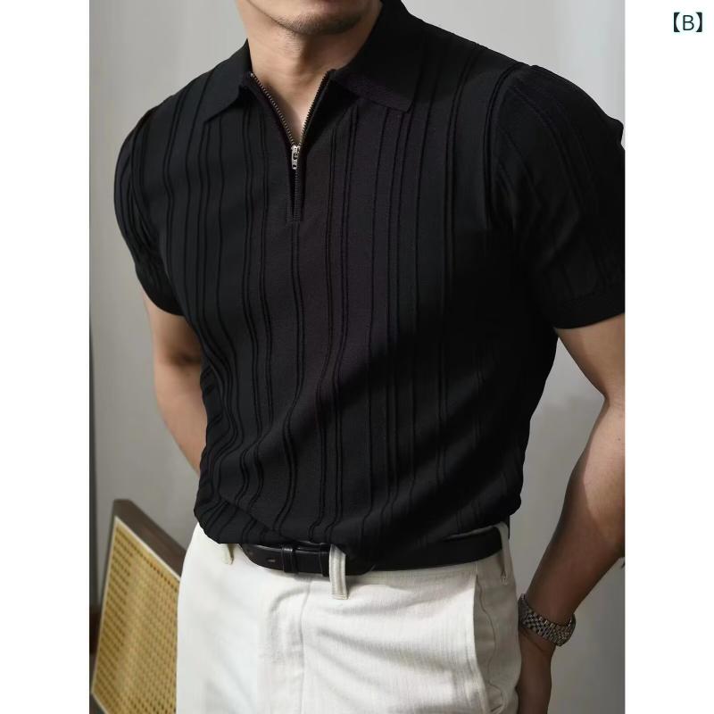ポロシャツ メンズ 半袖 ニット 夏服 アメカジ レトロ 通勤 接触冷感 ストライプ リブ 襟付き Tシャツ トップス カットソー 白 黒