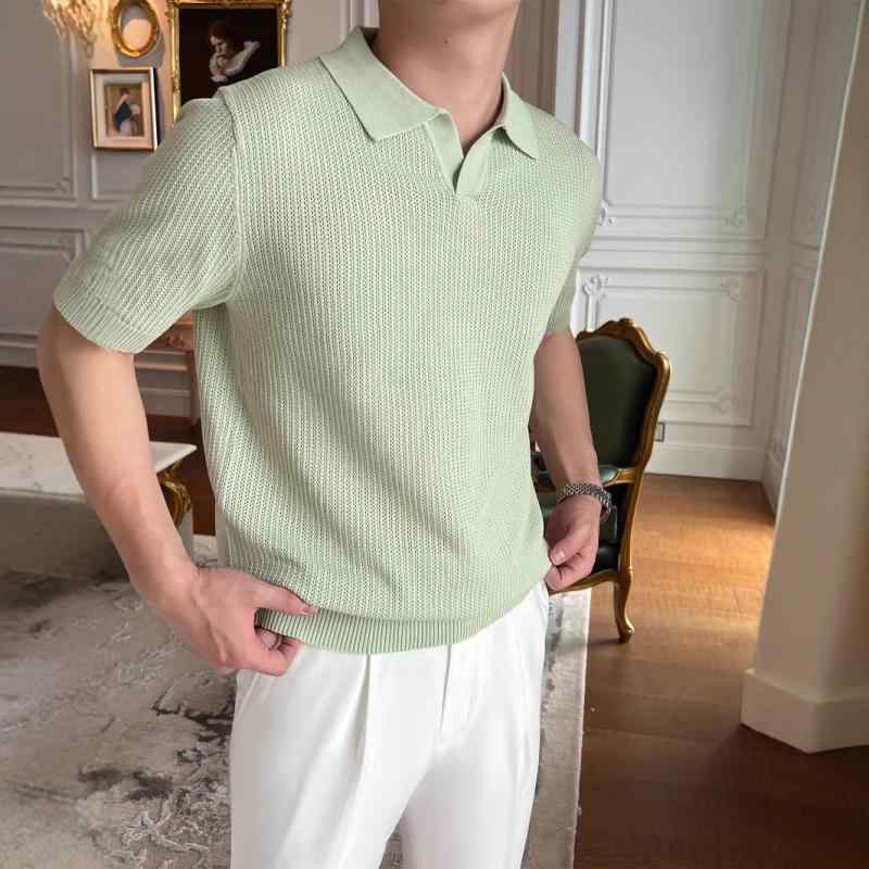 ポロシャツ メンズ 接触冷感 薄手 ニット 半袖 トップス 襟付き Tシャツ ドット柄 切り替え 普段使い ルームウェア 部屋着 グレー 白 緑