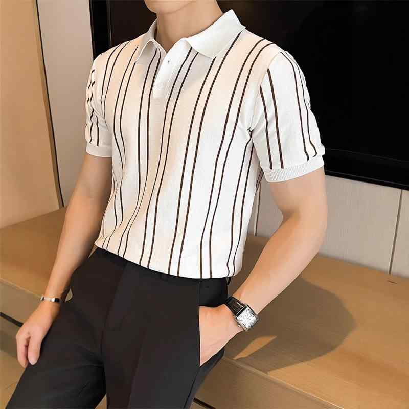 Rakuten - Tシャツ メンズ 男性用 半袖 ポロシャツ風 ストライプ 接触冷感 ニット トップス 5分袖 黒 ブラック系