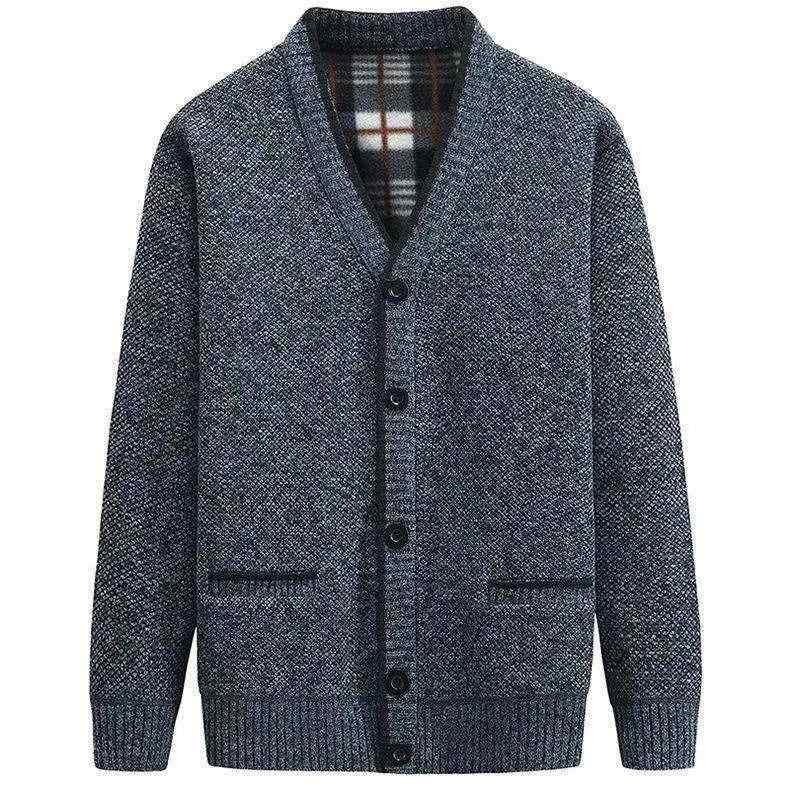 ニットカーディガン メンズ 男性用 Vネック 長袖 裏起毛 厚手 ウール混 ゆったり 普段使い ビジネス シニア向け 冬物 グレー ワインレッド キャメル ブルーグレー スモークグレー
