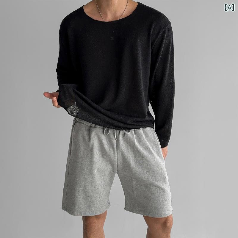 Tシャツ メンズ 男性用 薄手 長袖 ニット ポリエステル 接触冷感 吸湿速乾 無地 黒 ブラック グレー ホワイト ブルー — vista 2