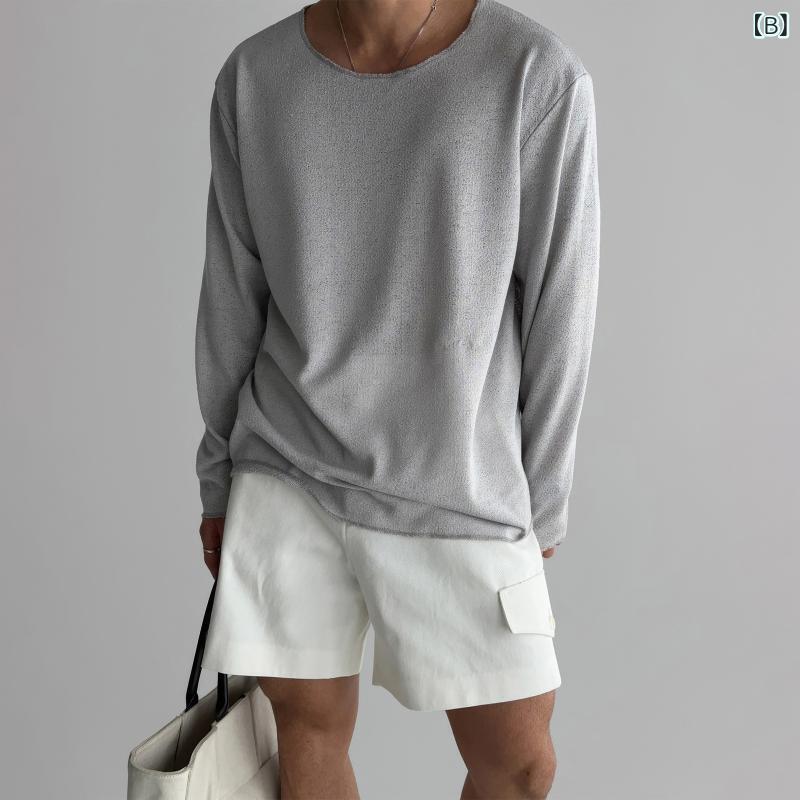 Tシャツ メンズ 男性用 薄手 長袖 ニット ポリエステル 接触冷感 吸湿速乾 無地 黒 ブラック グレー ホワイト ブルー — vista 3
