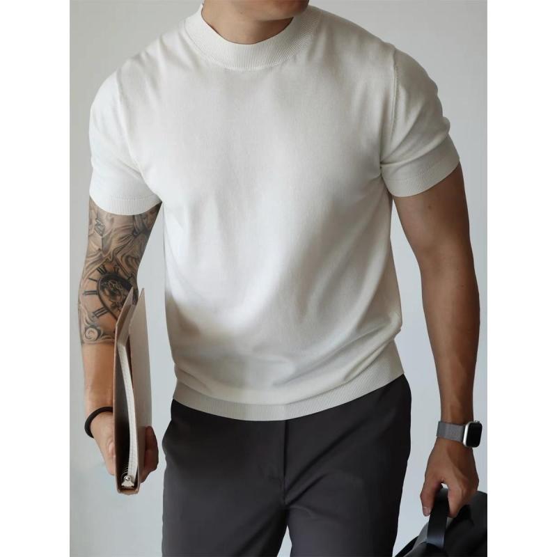 Tシャツ メンズ ニット 半袖 ハイネック スリム トップス レトロ カットソー 薄手 ポリエステル 無地 白 黒 コーヒー 焦糖 蔵青 酒赤 深灰 M L XL 2XL 3XL