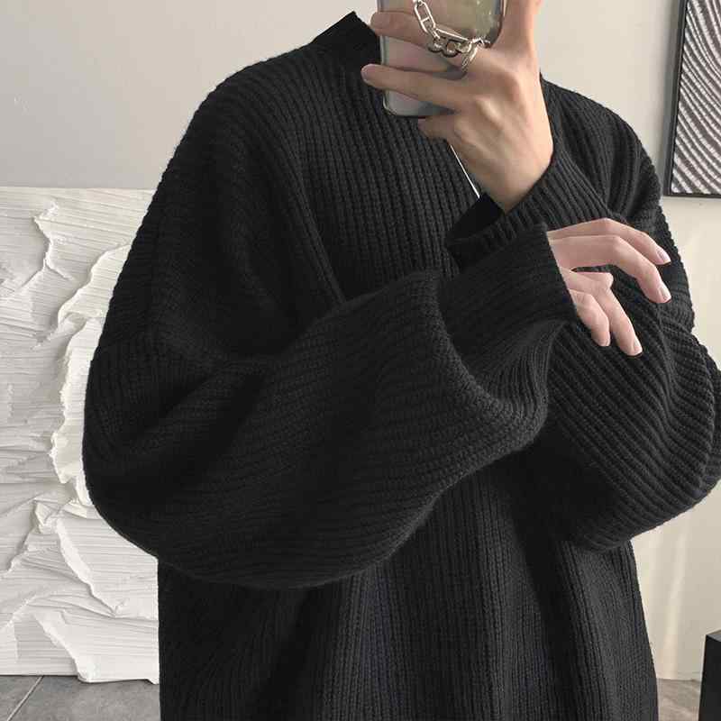 Knit Sweater - ニット メンズ ニットセーター 長袖 丸首 混紡 港風 ゆったり 厚手 無地 黒 白 青 グレー 秋