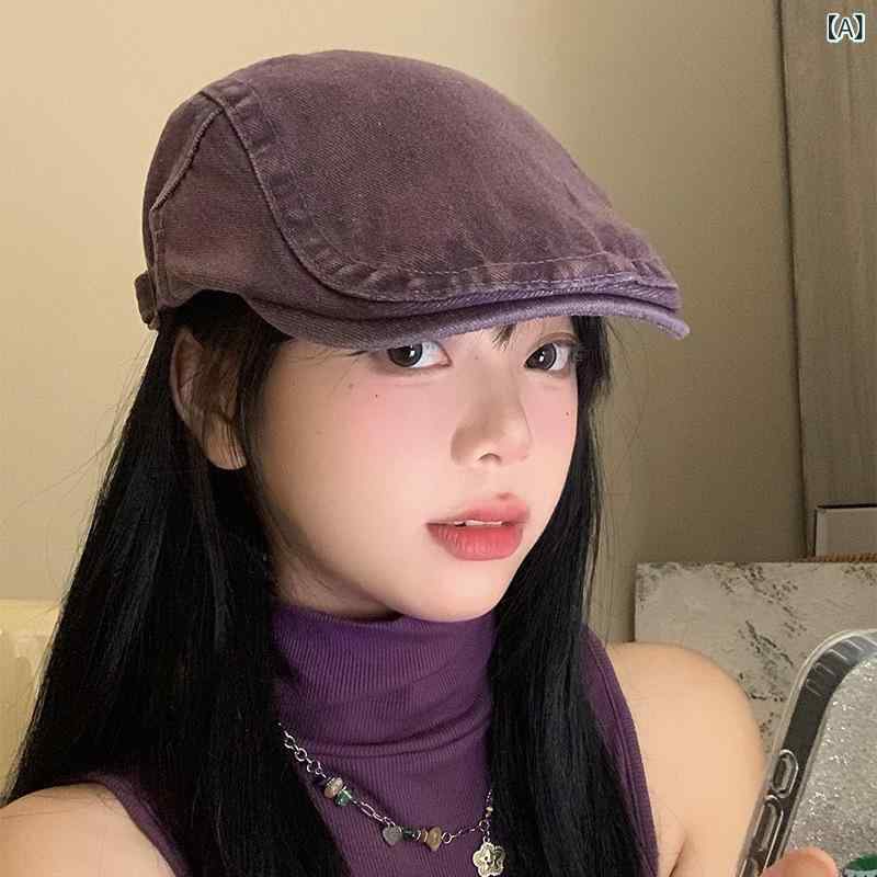 ベレー帽 レディース メンズ 英伦風 レトロ 水洗い デニム 春秋 画家帽 ニュースボーイキャップ 帽子 紫色 墨绿色