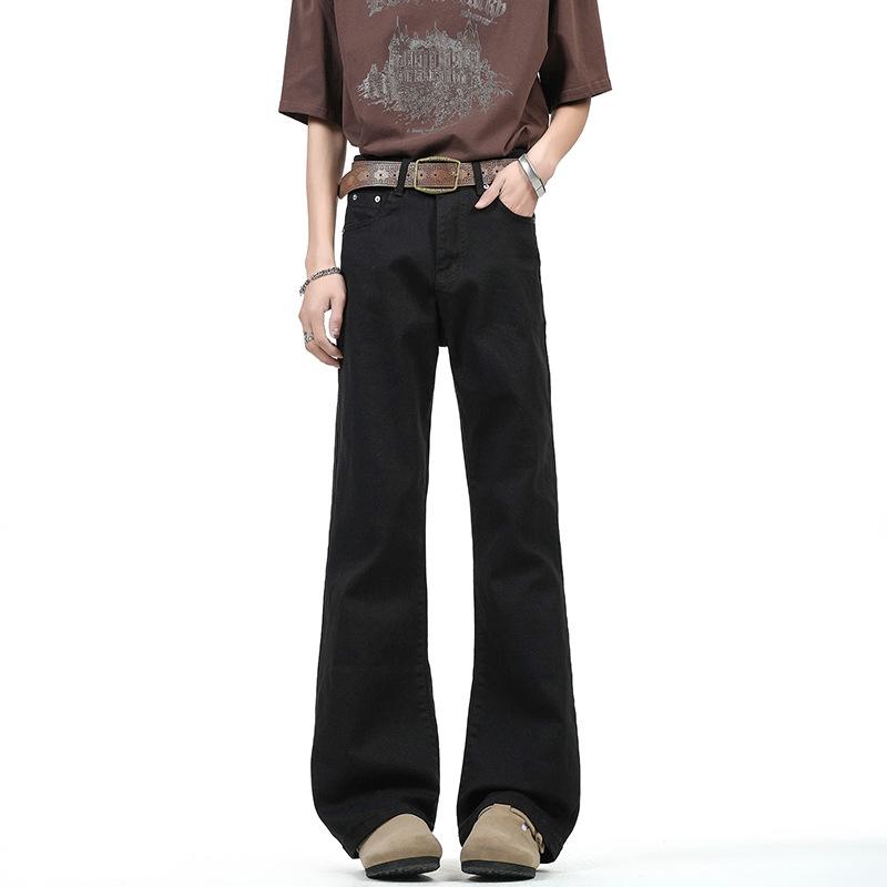 Pants - デニム メンズ ストレート パンツ 男性用 Gパン ジーパン 微フレア カットオフ ブラック 黒 春秋 ミドルウエスト