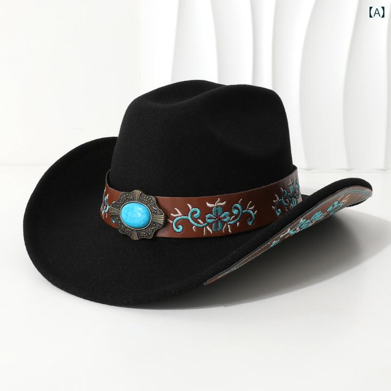 ハット レディース メンズ 刺繍 デニム カウボーイハット ジャズハット つば広 乗馬 ウエスタン 四季 紫外線対策 日よけ 通気性 保温 ブラック ピンク系(x2)