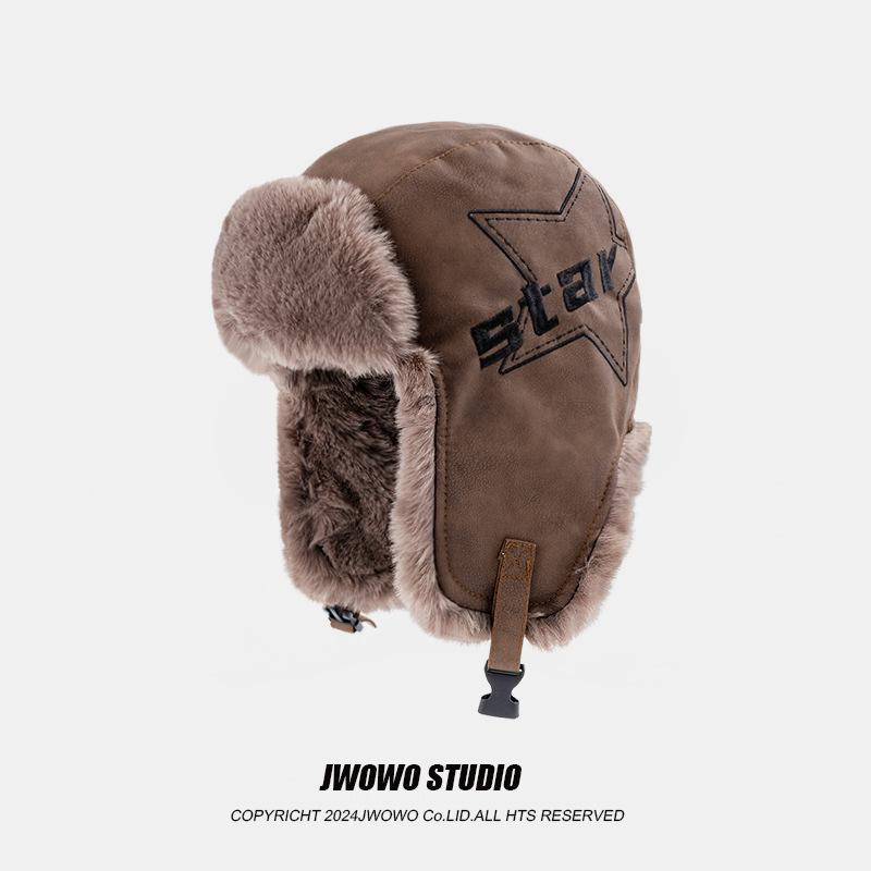 帽子 メンズ レトロ バイク 雷鋒帽 秋冬 裏起毛 暖か PUレザー 耳当て付き 防寒 スキー アウトドア キ..