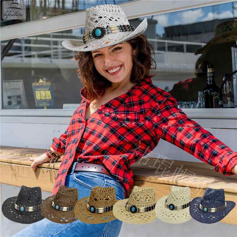 麦わら帽子 レディース メンズ ウェスタン カウボーイ ハット つば広 テンガロンハット ターコイズ UV..