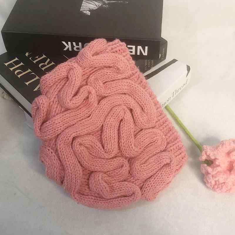 ニット帽 レディース 秋冬用 脳みそ ブレイン 手編み 防寒 あったか ウール 冷え対策 ピンク かわいい ..