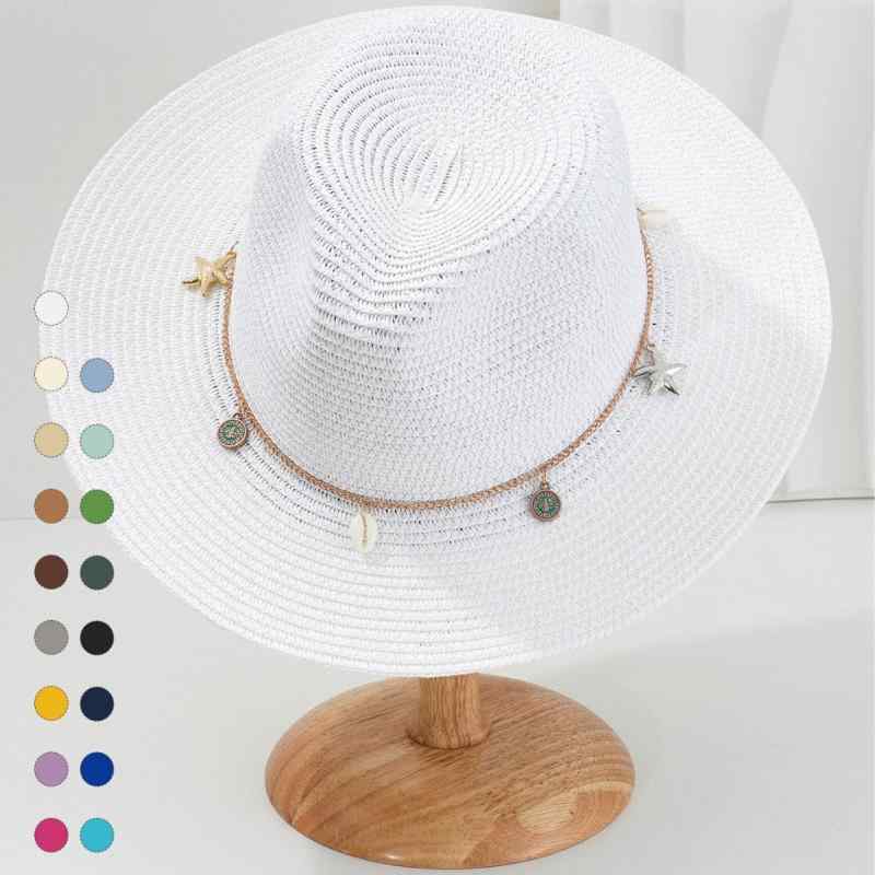 麦わら帽子 男女兼用 パナマ帽風 貝殻 海星 コイン飾り付き 帽子バンド ワイドブリム 通気性 遮光 パーティー イベント 紫色 紺色 赤 ピンク系 ベージュ オフホワイト カーキ ダークブラウン 黄色 緑 青 白 黒 グレー