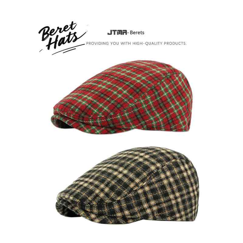 ベレー帽 メンズ レディース グレンチェック ハンチング帽 英国風 レトロ 画家帽 紫外線対策 日よけ 防寒 ブラック レッド ポリエステル