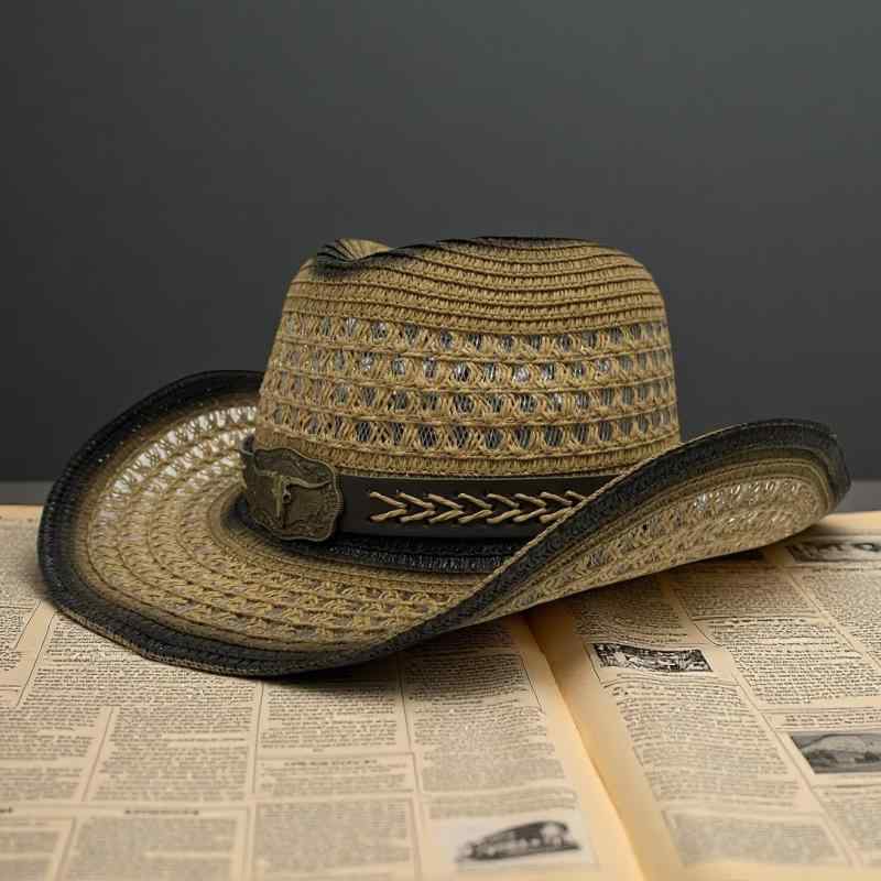 麦わら帽子 メンズ テンガロンハット 草編み ウェスタンハット パナマ帽 春夏 日よけ帽 通気性 紫外線対策 56-58cm