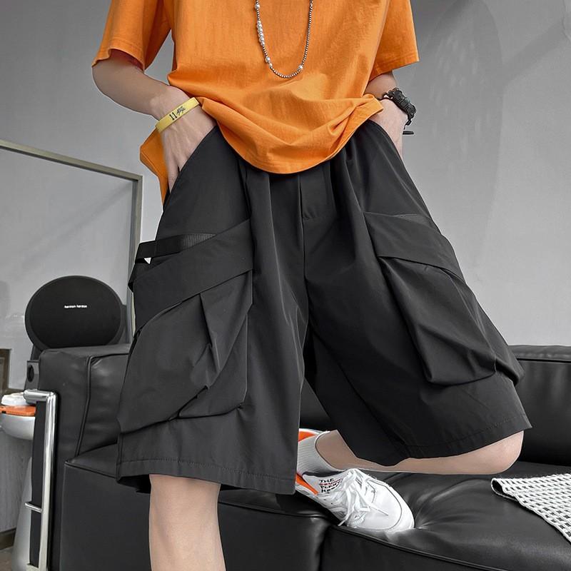 ハーフパンツ メンズ 作業着風 ゆったり ミリタリー カーゴパンツ 膝丈 ポリエステル ブラック 無地 春夏