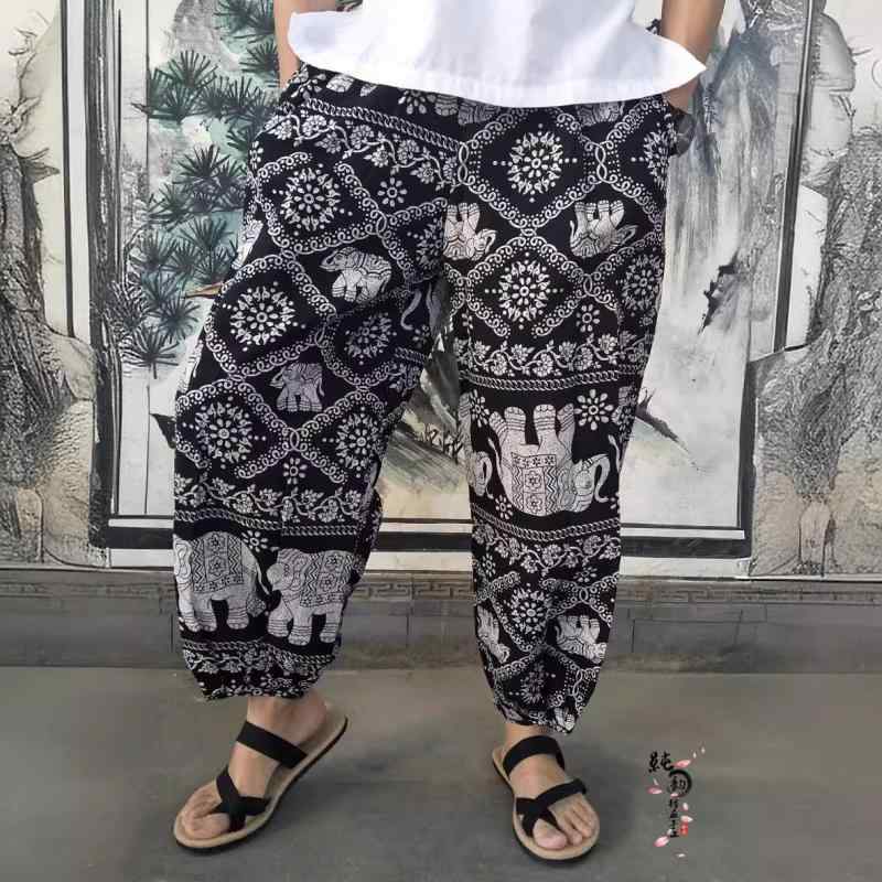 パンツ メンズ 男性用 サルエルパンツ アラジンパンツ エスニック柄 ボヘミアン風 9分丈 綿麻 リラックス 部屋着 普段使い(x2)