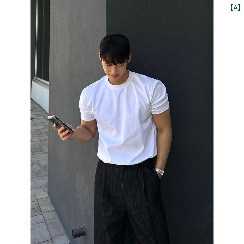 アメリカン 小さめ ネック ラインと ストレート ショルダーの 夏 男性用 ホワイト カフス Tシャツ フィ..