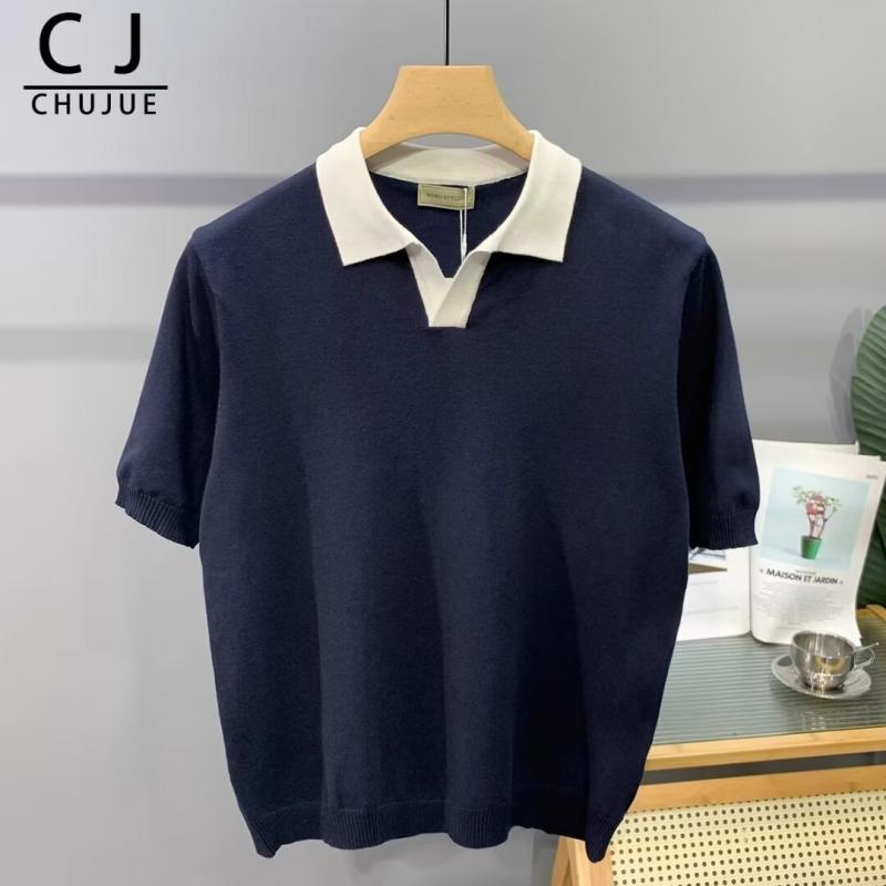 ポロシャツ メンズ 半袖 ニット ルーズ 撞色 襟付き Tシャツ トップス 接触冷感 真夏 薄手 刺繡 ライトブルー ホワイト M L XL 2XL 3XL