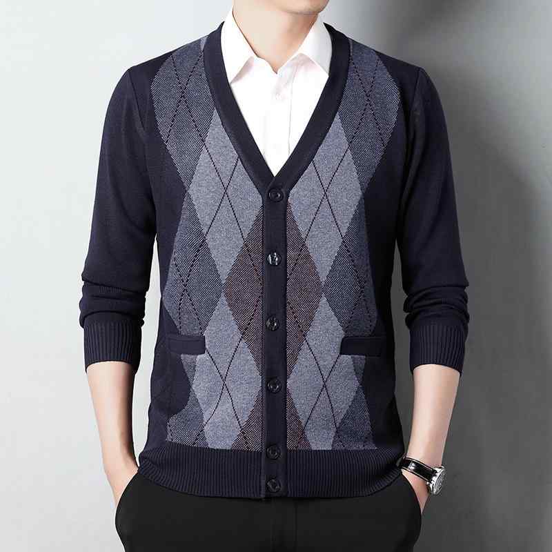 ニット カーディガン メンズ 男性用 ウール 長袖 Vネック 配色 厚手 ビジネス 普段使い 秋冬 あったか ニットセーター 105/165/M 110/170/L 115/175/XL 120/180/2XL 125/185/3XL(4.0)