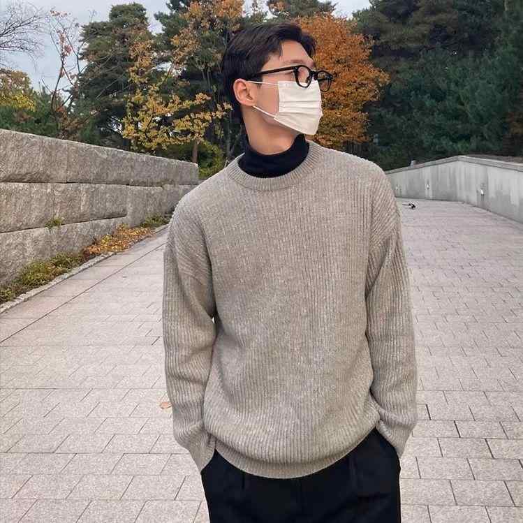 ニット メンズ セーター 秋冬 トップス 長袖 コットン混紡 グレー ゆったり ラウンドネック プルオーバー インナーウェア