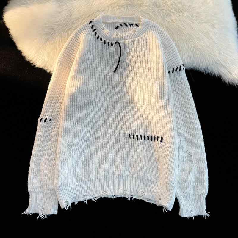 ニット メンズ ダメージニット プルオーバー 秋冬 リブ編み クルーネック セーター ゆったり ルーズフィット オーバーサイズ 鹿の子編み ホワイト ブラック