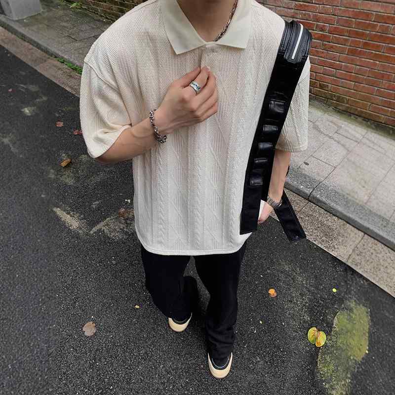 Tシャツ メンズ 男性用 ポロシャツ 半袖 ポリエステル 翻襟 レトロ 古着風 ルーズ ゆったり ブラック 杏色
