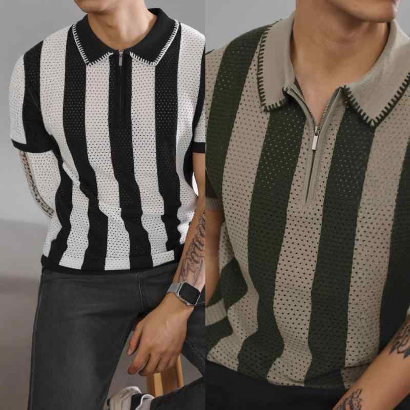 ポロシャツ メンズ 半袖 配色 ストライプ柄 夏ニット 襟付き トップス ポリエステル カジュアル ゆったり ルーズフィット 黒 ブラック ..