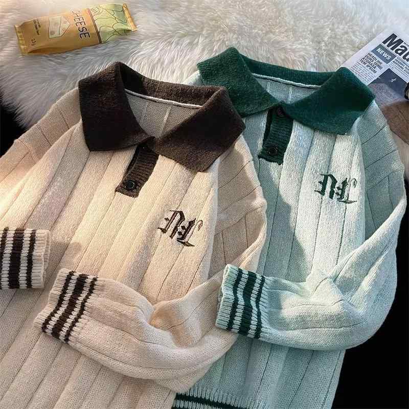 ニット メンズ 秋物 配色 長袖 ニットトップス プルオーバー 襟付き 普段使い リラックス ウェア カットソー