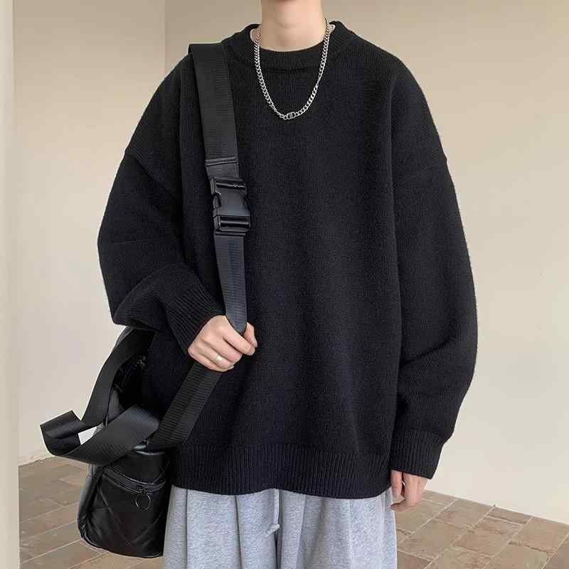 Knit Sweater - ニット メンズ 秋冬 黒 ブラック セーター プルオーバー ゆったり ラウンドネック ポリエステル リラックス 厚手 あったか 暖かい 男性用