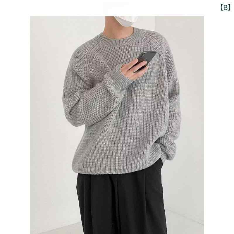 ニット メンズ セーター 秋冬 韓国 丸首 プルオーバー トップス 無地 コットン混紡 薄手 普段使い 部屋着 ブラック グレー ホワイト