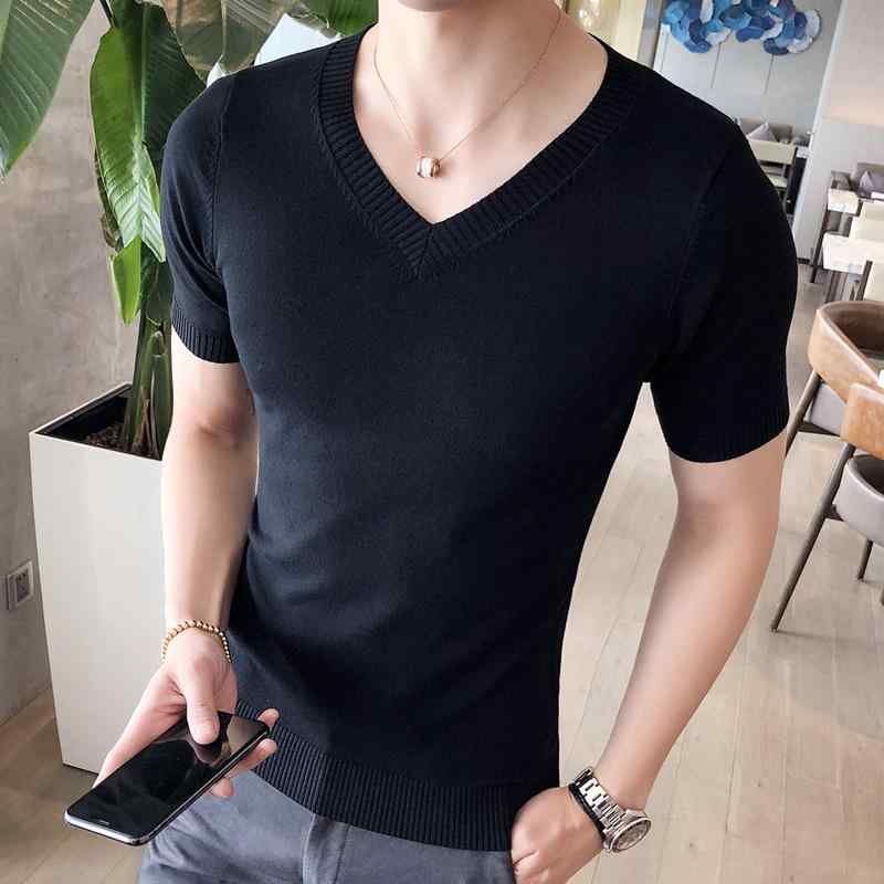 Rakuten - Tシャツ メンズ 接触冷感 Vネック 薄手 ニットソー カットソー スリムフィット 無地 半袖 トップス 男性用 春夏 秋冬 普段使い 部屋着 白 黒 紺