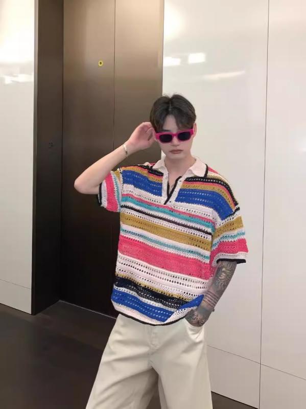 ニット メンズ 半袖 美式 切り替え 襟付き 夏ニット ゆったり ポリエステル 日常 普段使い トップス