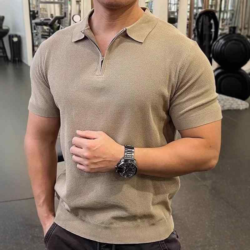 ポロシャツ メンズ 接触冷感 半袖 Tシャツ 薄手 トップス サマーニット 無地 スリムフィット ジッパー 普段使い 部屋着 ポリエステル混紡 伸縮性 スポーツウェア 紺色 白 黒・スタイル: 軽熟カジュアル・袖丈: 半袖・シルエット: スリム・柄: 無地・厚さ: 薄手・素材: 化学繊維混紡・主な素材: ポリエステル・主な素材の含有量: 51～70%・対象年齢: 24～35歳・シーン: デイリー・カラー: ネイビー, ホワイト, ブラック, 杏色・サイズ: M, L, XL, 2XL, 3XL・ディテール: ジッパー・機能: 通気性, 高弾性, 防しわ, 防汚, 吸湿速乾・カテゴリ: ポロシャツ