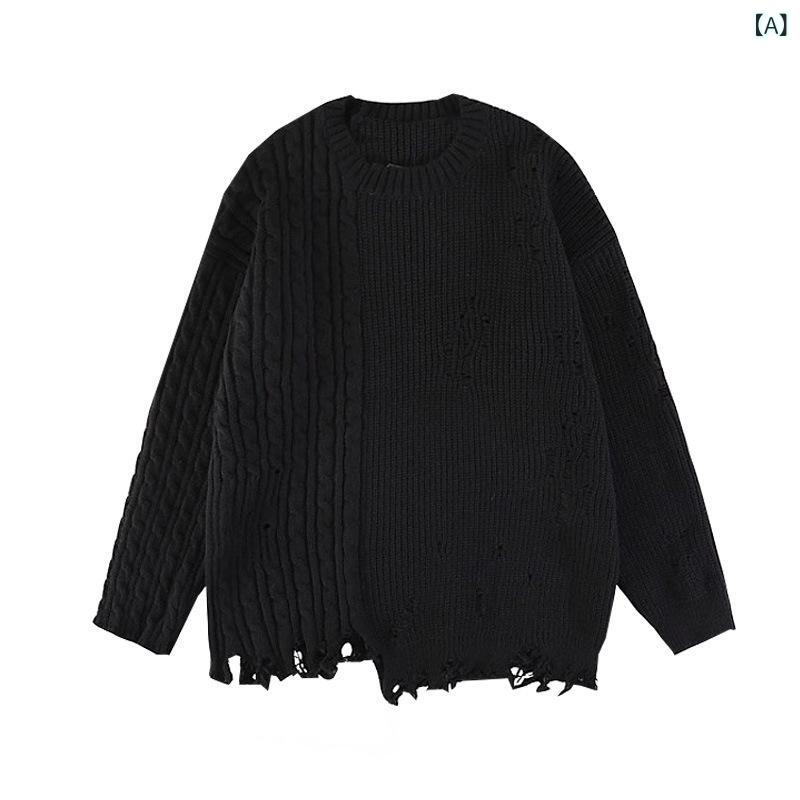 ニット メンズ オーバーサイズ セーター 黒 ブラック 無地 ストリート系 ダメージ加工 ラウンドネック プルオーバー ポリエステル 秋冬