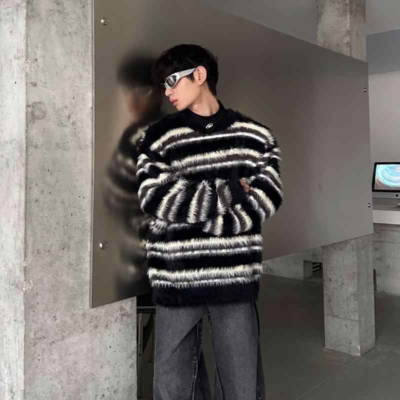 ニット メンズ 男性用 秋冬物 アメリカンレトロ 配色 ストライプ セーター ふわふわ モヘア風 ゆったり 厚手 トップス プルオーバー 黒