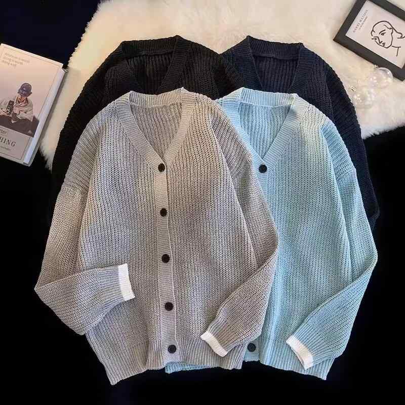 カーディガン メンズ ニットカーディガン 秋冬 Vネック 配色 長袖 無地 ゆったり カジュアル レトロ 古着風 黒 紺 グレー