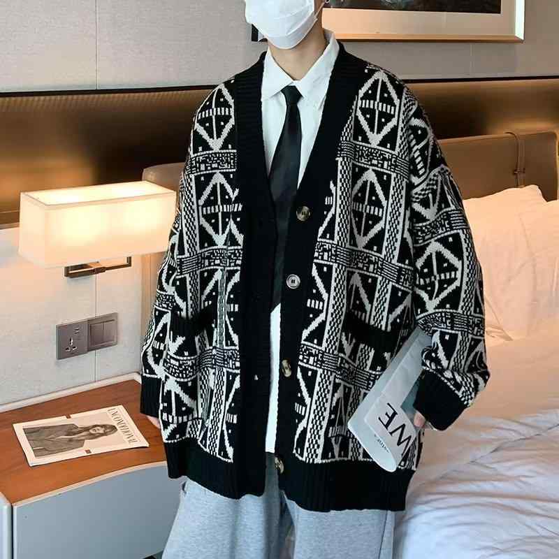 ニット カーディガン メンズ レトロ Vネック ケーブル編み 長袖 ニットセーター トップス ライトアウター 秋冬 普段着 部屋着 黒