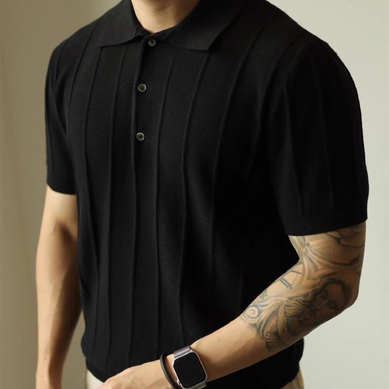 ポロシャツ メンズ 5分袖 ジャガード 襟付きニットTシャツ アメカジ 無地 ゆったりシルエット 春夏 ブラック ホワイト グリーン(4)