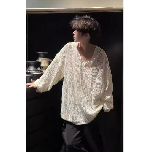 Tシャツ メンズ 長袖 透かし編み ニット トップス ルーズ ゆったり リラックス 豪華感 黒 白 春秋 ラウンドネック Tシャツ メンズ 長袖 透かし編み ニット トップス ルーズ ゆったり リラックス 豪華感 黒 白 春秋 ラウンドネック