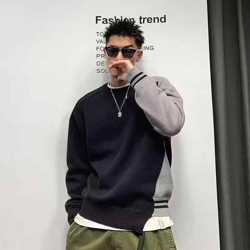 Rakuten - ニット メンズ 厚手 ニットソー 秋冬 トップス 長袖 セーター 配色 リブ 暖かい 防寒 ゆったり ルーズ カジュアル 黒 紺