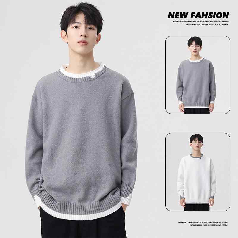 ニット メンズ ニットセーター 長袖 トップス 春秋物 フェイクレイヤード プルオーバー ポリエステル 普段使い カジュアル 白 ホワイト グレー