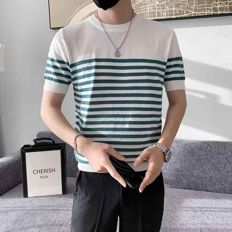 Tシャツ メンズ 半袖 ストライプ柄 ニット 接触冷感 ポリエステル混紡 スリムフィット クルーネック トップス スタイリッシュ カジュアル ブラック グリーン