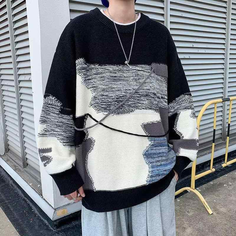 ニット メンズ 秋冬 切り替え 不規則 ラウンドネック プルオーバー セーター 高見え カジュアルスタイ..