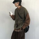 ニットベスト メンズ 男性用 ノースリーブ セーター レトロ ゆったり 普段使い デイリー ウェア トップス 韓国 グリーン 緑 アプリコット ポリエステル混紡 秋